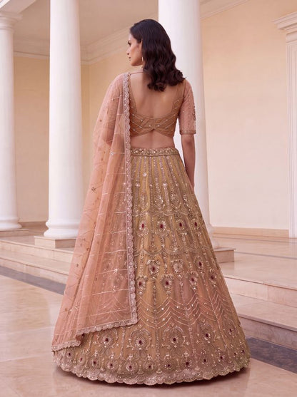 Peach Pure  Fendi Tussaud Silk Crystal Beads work Multi Thread Dori and Sequins Work Sequins Work Bridal Lehenga Choli