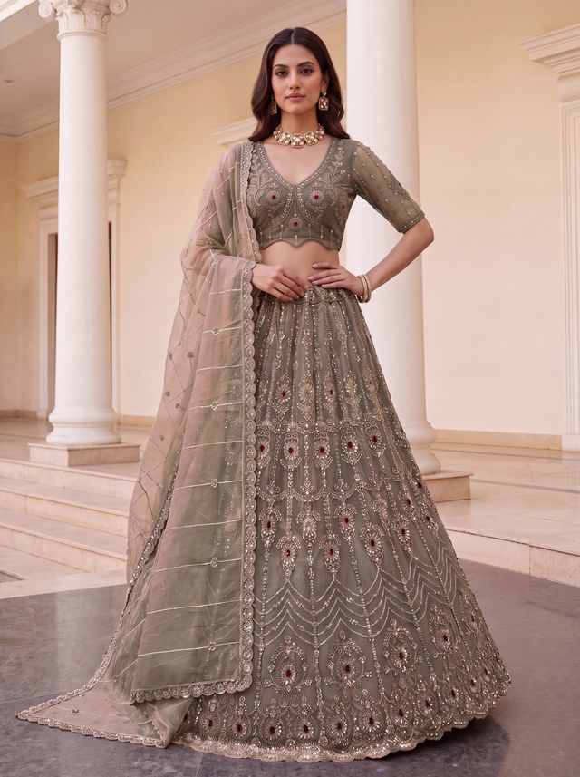 Beige Coppe Pure  Fendi Tussaud Silk Crystal Beads work Multi Thread Dori and Sequins Work Sequins Work Bridal Lehenga Choli
