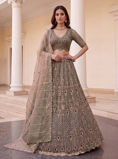 Beige Coppe Pure  Fendi Tussaud Silk Crystal Beads work Multi Thread Dori and Sequins Work Sequins Work Bridal Lehenga Choli