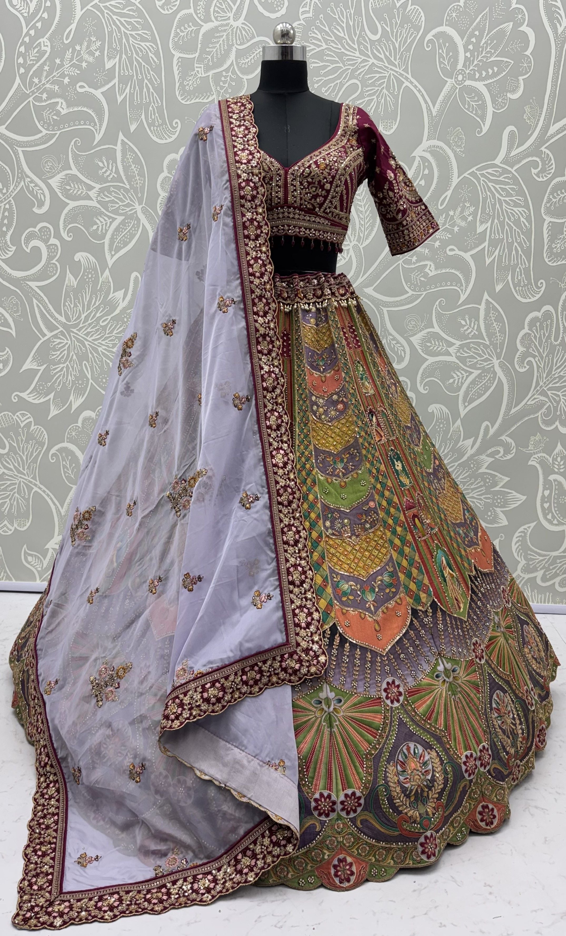Multi Colour Pure Slub Silk Premium Dori Embroidery Sequins &amp; Diamond Work Bridal Lehenga Choli