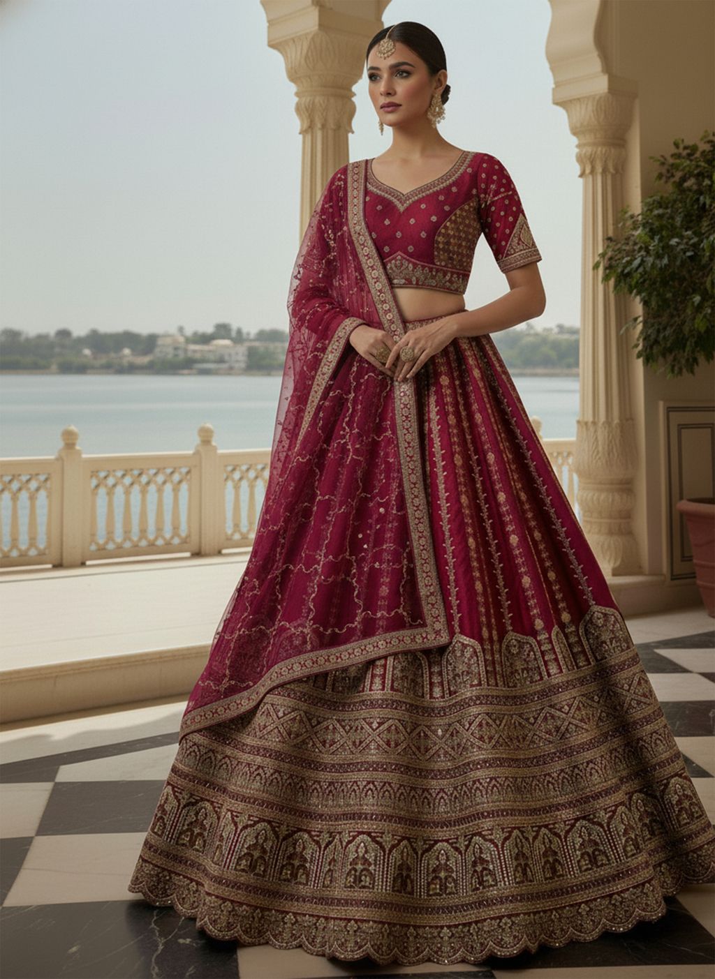 Raspberry Pure Soft Gadhwal Silk Heavy Embroidery Work Bridal Lehenga