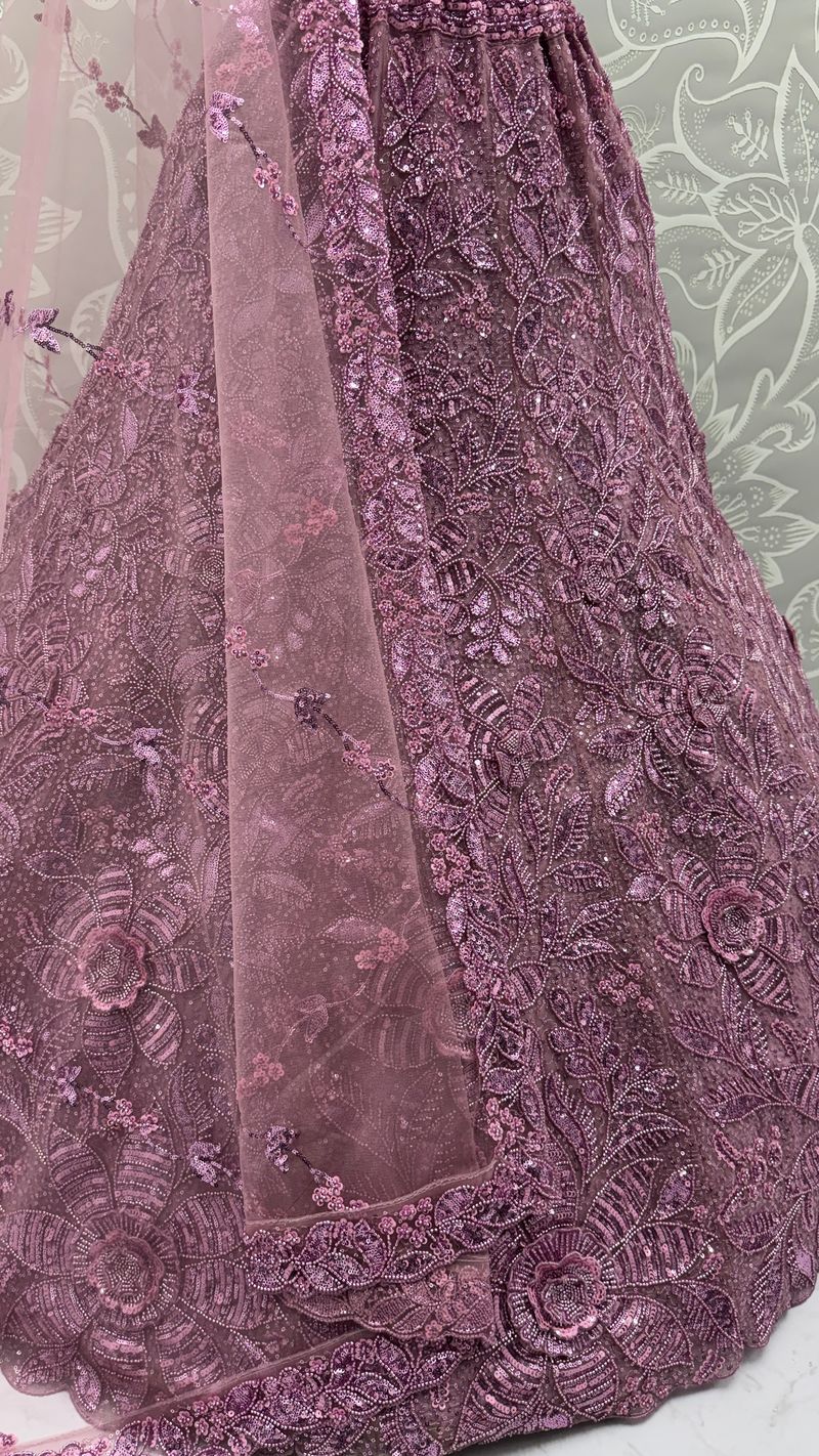 Lavender Pure Soft Net Heavy Embroidery Work Bridal Lehenga