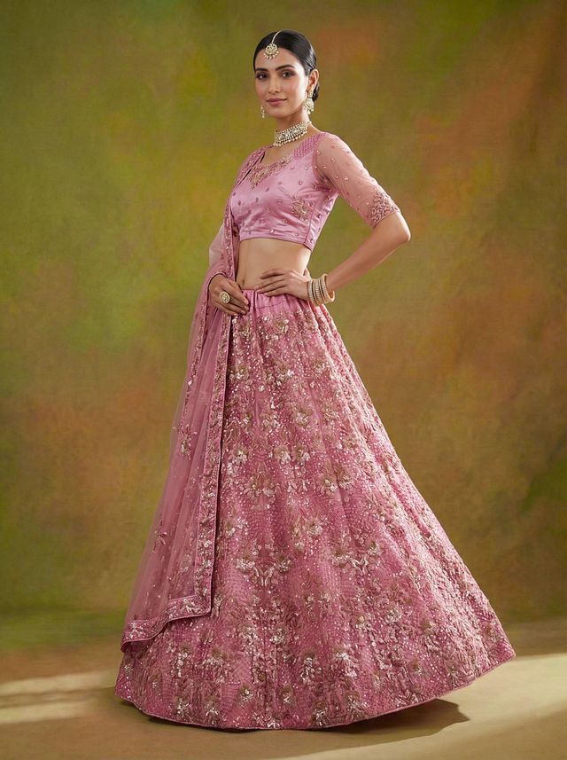 Pink Pure Soft Heavy Net Sequins Embroidery Work Bridal Lehenga Choli 