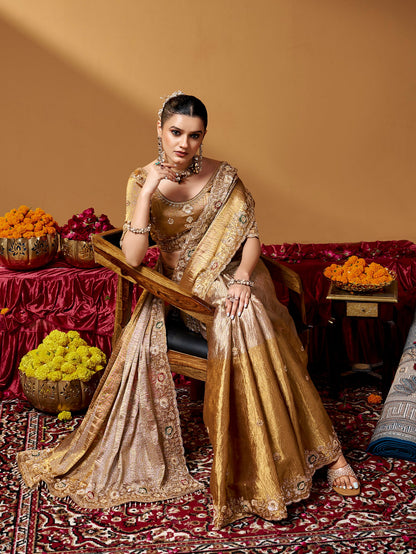 Golden Pure Kanjivaram Rich Zari Embroidery &amp; Tube Beads Work Tissue Saree