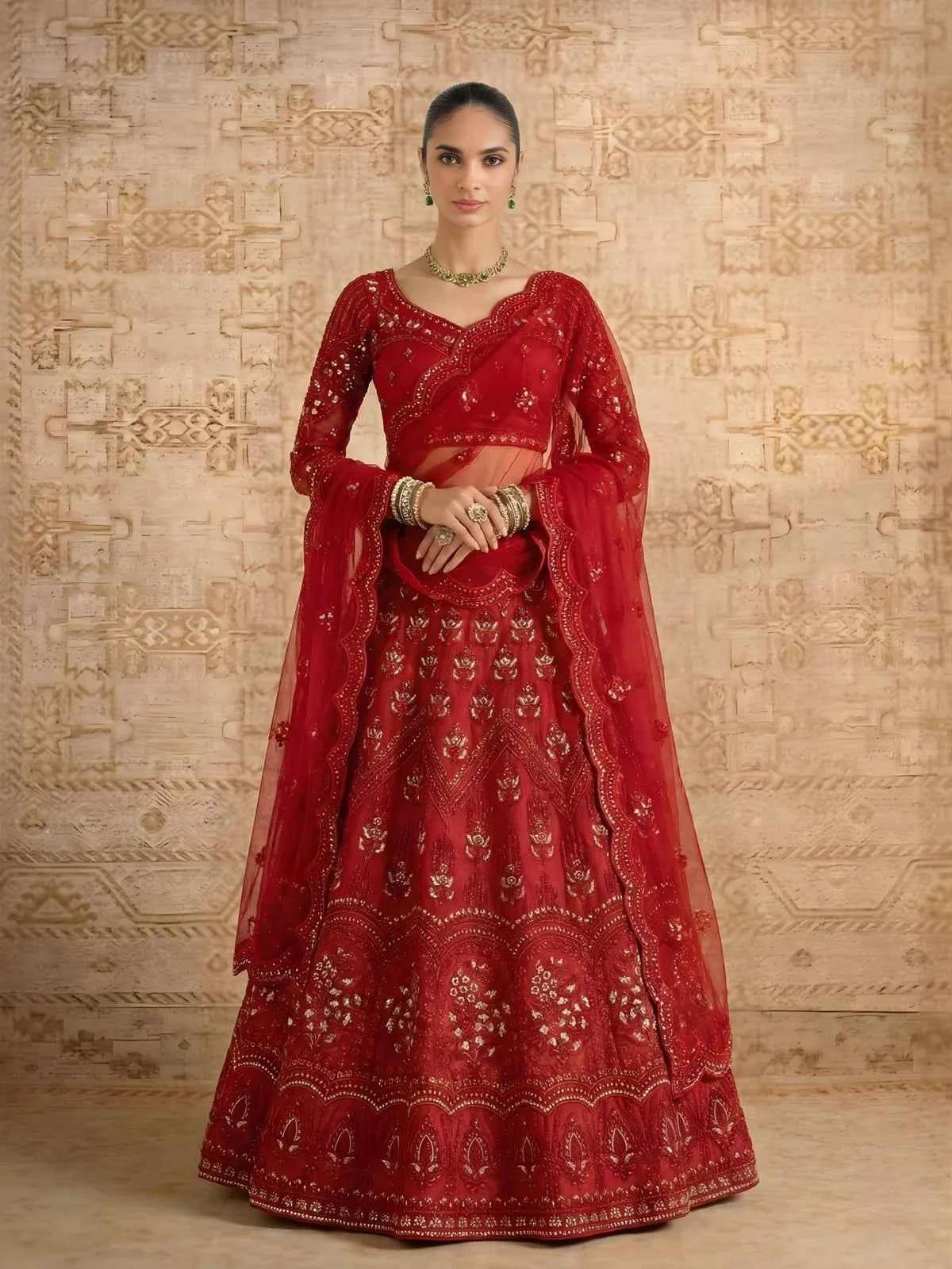Red Pure Soft Heavy Net Sequins Embroidery Work Bridal Lehenga Choli