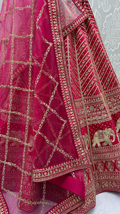 Rani Pink Pure Slubb Silk Premium Tatamie Zari Dori Embroidery Metalic Sequins Work Bridal Lehenga Choli