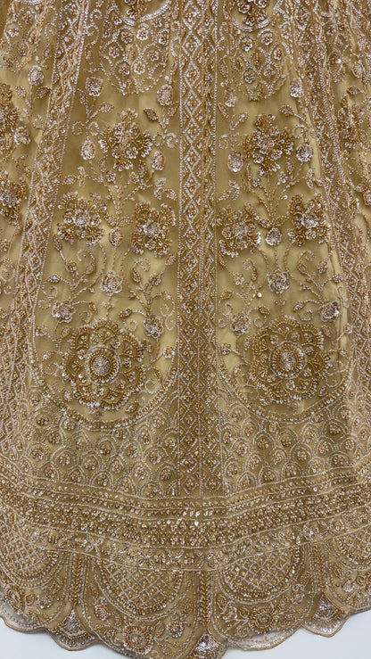 Golden Pure Heavy Net Motif Handwork Zari Sequins Work Bridal Lehenga Choli