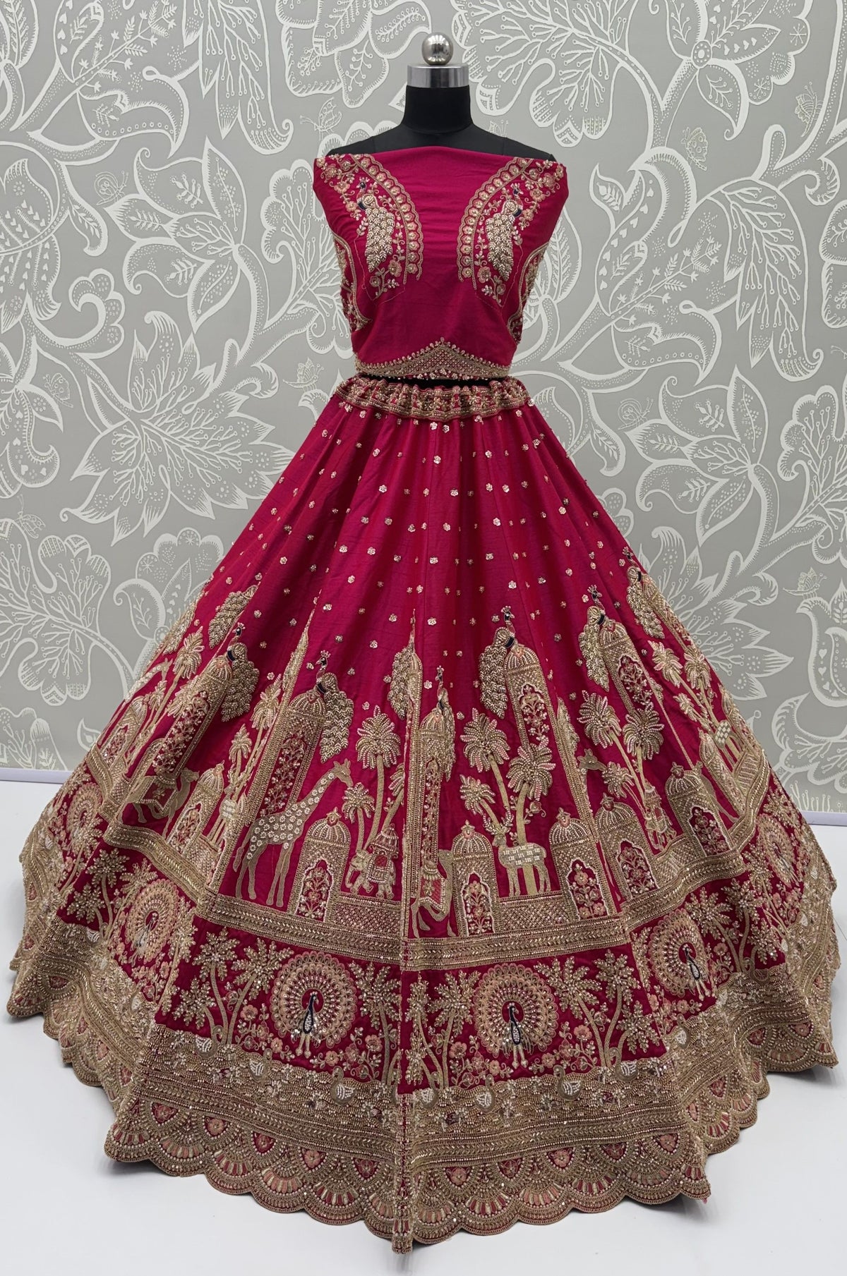 Red Pure Premium Gharwal Siik Peacock &amp; Giraffe Thread &amp; Zari Handwork Crystal Motif 
Sequins Work Bridal Lehenga Choli