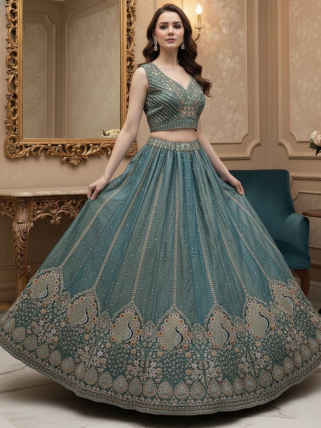 Grey Pure Soft Gadhwal Silk Heavy Embroidery Work Bridal Lehenga