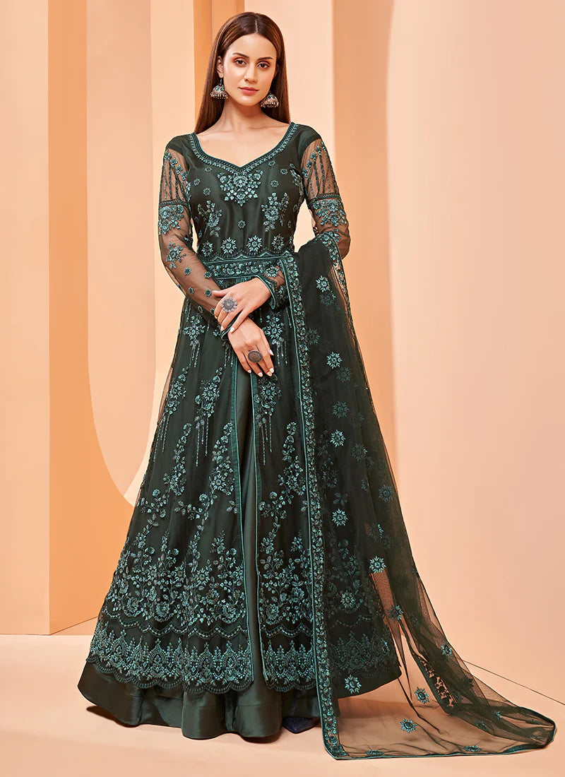 Alizeh Gul Bahaar Dark Green Heavy Embroidered Net Stylish Anarkali Gown Anant Tex Exports Private Limited