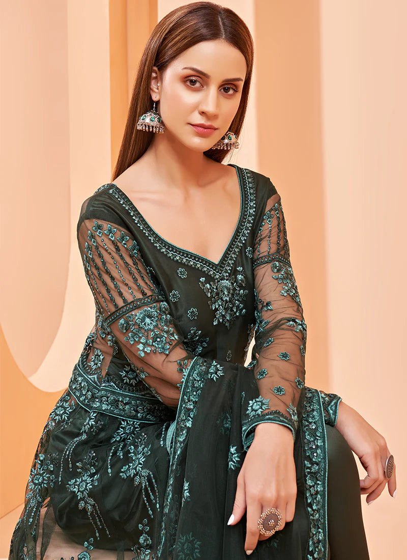 Alizeh Gul Bahaar Dark Green Heavy Embroidered Net Stylish Anarkali Gown Anant Tex Exports Private Limited
