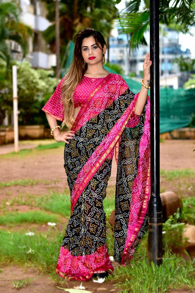 Beautiful Manjri Block Print Bandhani Saree Anantexports