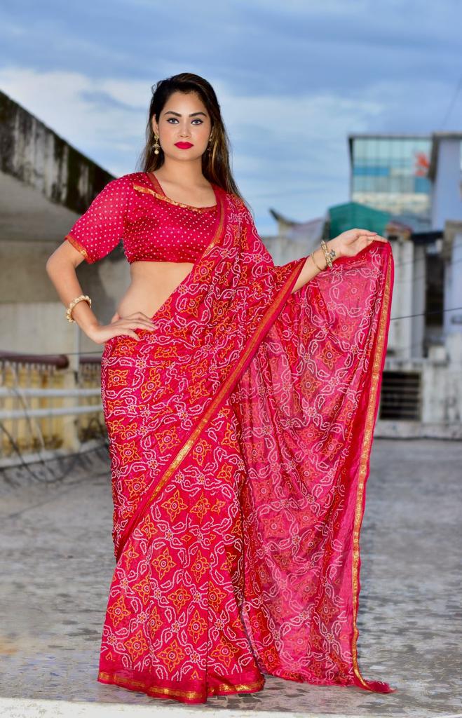 Beautiful Manjri Block Print Bandhani Saree Anantexports