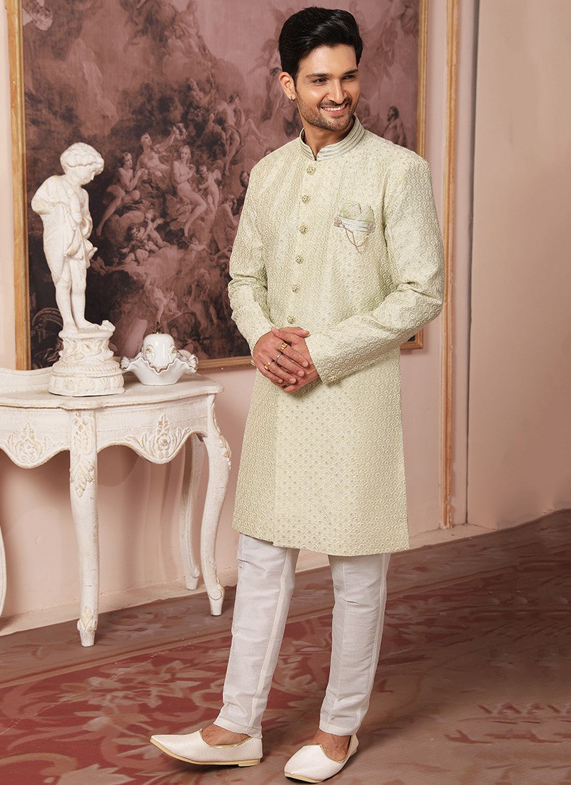 Green pure silk nawabi suit features intricate jacquard design full-sleeve  kurta & contrast patiala-style pants