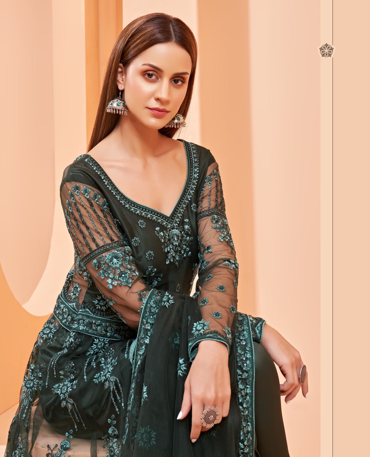 Alizeh Gul Bahaar Dark Green Heavy Embroidered Net Stylish Anarkali Gown Anant Tex Exports Private Limited