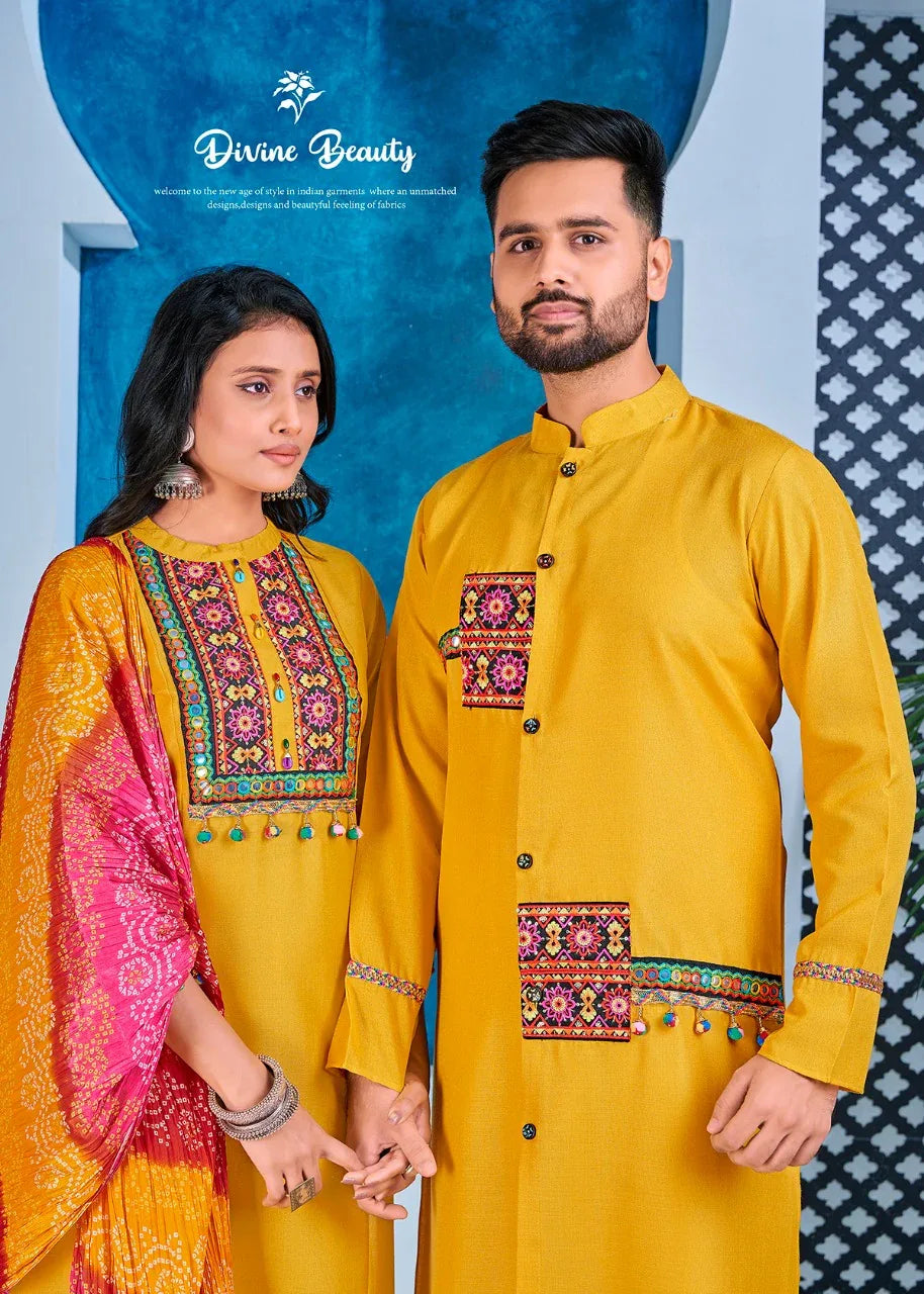 Navratri Special Couple combo of Kurta with Pajama &amp; Kurti with Pants &amp; Dupatta Dress Anant Tex Exports Private Limited