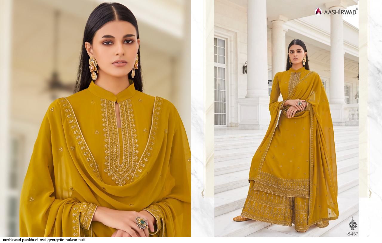 AASHIRWAD PANKHUDI PURE GEORGETTE SUITS SERIES 8453 To 8457 Anant Tex Exports Private Limited