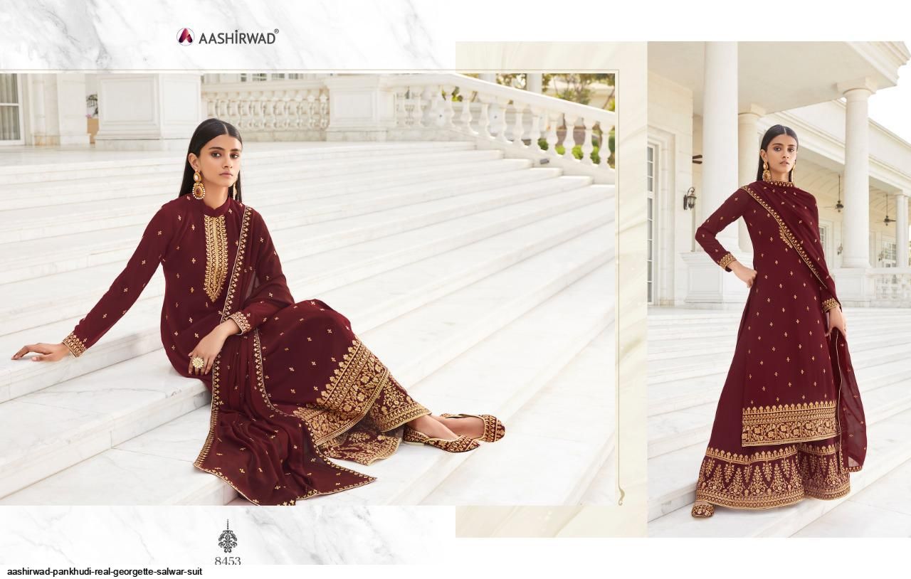 AASHIRWAD PANKHUDI PURE GEORGETTE SUITS SERIES 8453 To 8457 Anant Tex Exports Private Limited