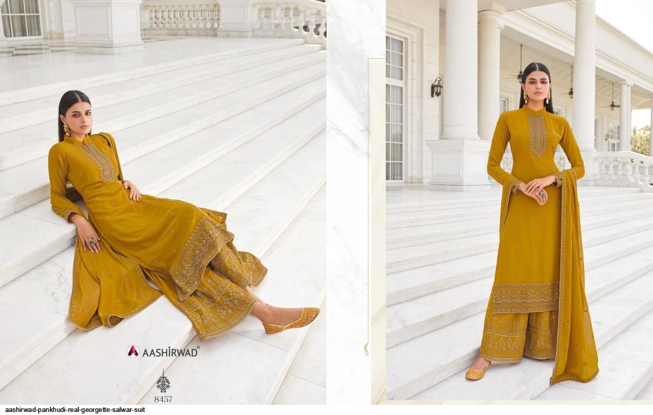 AASHIRWAD PANKHUDI PURE GEORGETTE SUITS SERIES 8453 To 8457 Anant Tex Exports Private Limited