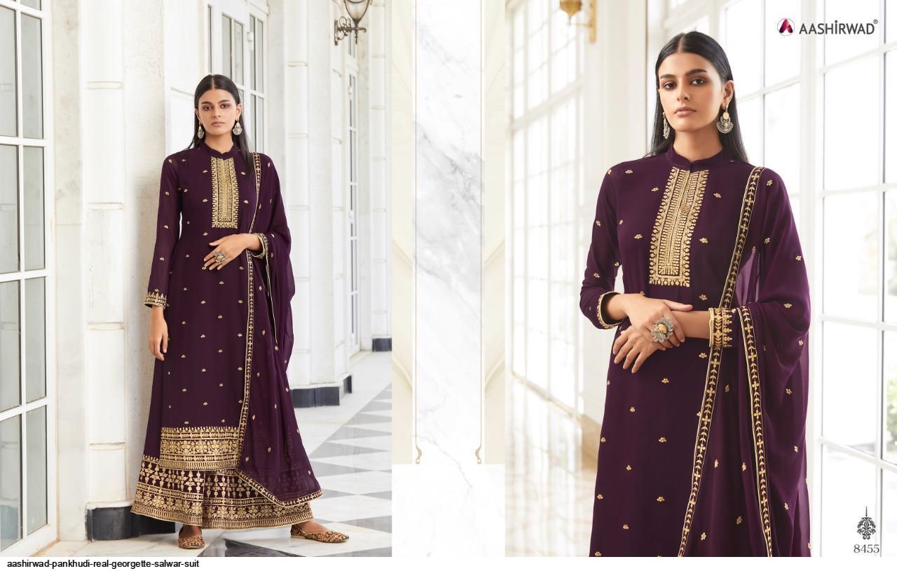 AASHIRWAD PANKHUDI PURE GEORGETTE SUITS SERIES 8453 To 8457 Anant Tex Exports Private Limited