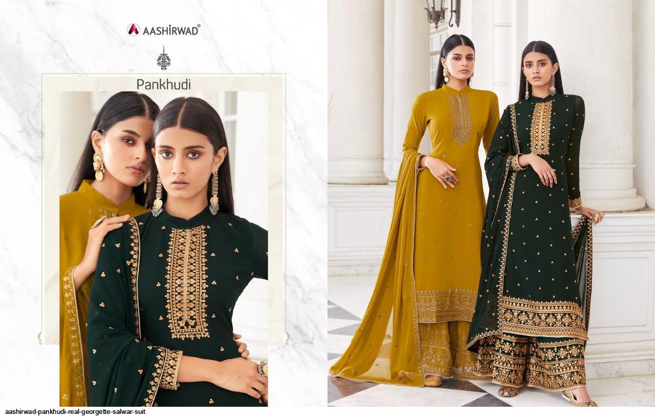 AASHIRWAD PANKHUDI PURE GEORGETTE SUITS SERIES 8453 To 8457 Anant Tex Exports Private Limited