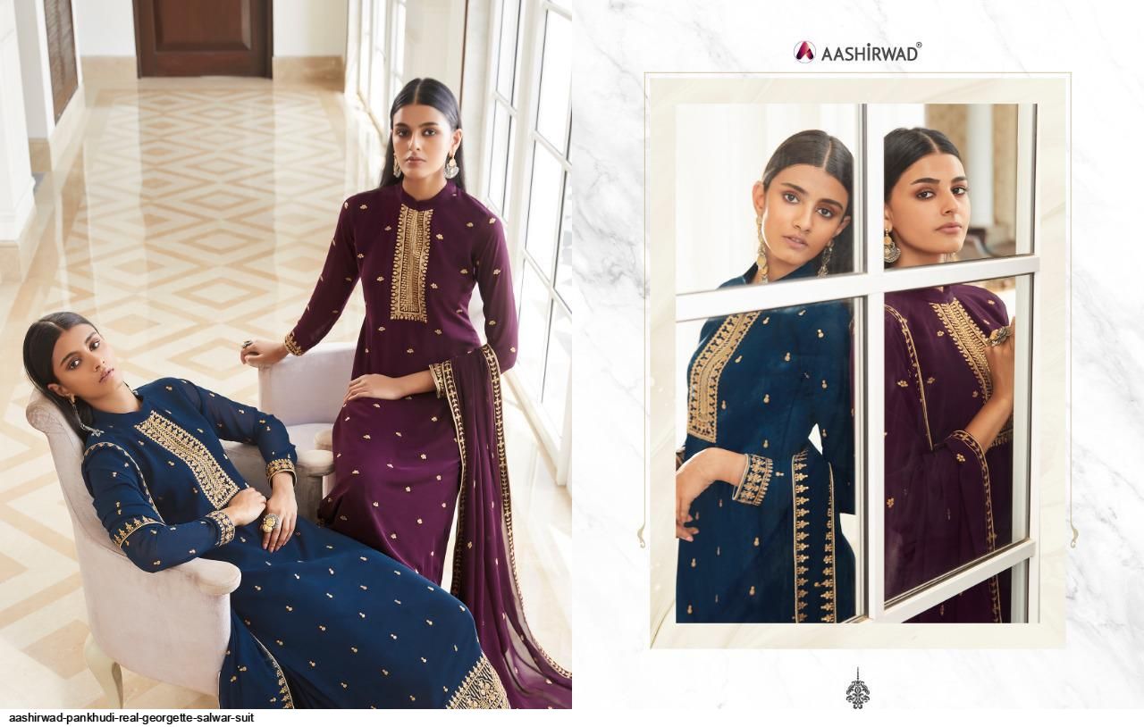 AASHIRWAD PANKHUDI PURE GEORGETTE SUITS SERIES 8453 To 8457 Anant Tex Exports Private Limited