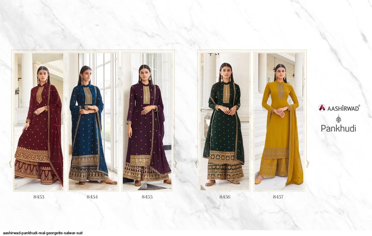 AASHIRWAD PANKHUDI PURE GEORGETTE SUITS SERIES 8453 To 8457 Anant Tex Exports Private Limited