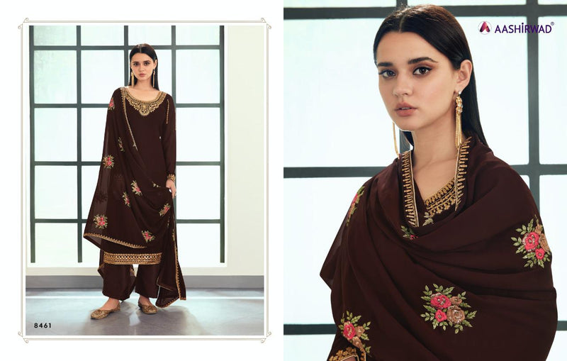 AASHIRWAD SUNHERI HEAVY EMBROIDERED SUITS SERIES 8458 TO 8462 Anant Tex Exports Private Limited