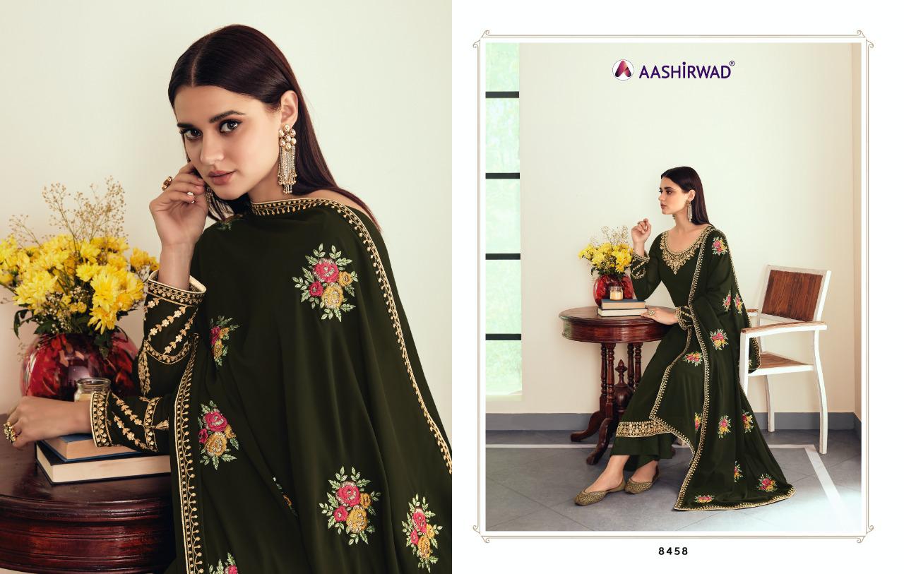 AASHIRWAD SUNHERI HEAVY EMBROIDERED SUITS SERIES 8458 TO 8462 Anant Tex Exports Private Limited