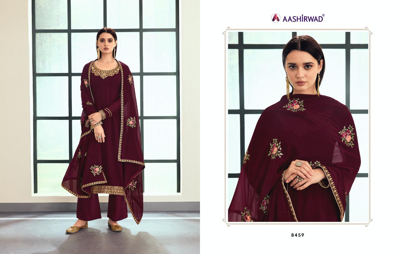 AASHIRWAD SUNHERI HEAVY EMBROIDERED SUITS SERIES 8458 TO 8462 Anant Tex Exports Private Limited
