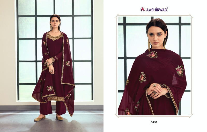 AASHIRWAD SUNHERI HEAVY EMBROIDERED SUITS SERIES 8458 TO 8462 Anant Tex Exports Private Limited