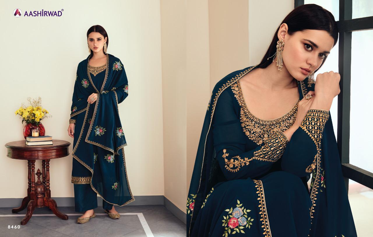 AASHIRWAD SUNHERI HEAVY EMBROIDERED SUITS SERIES 8458 TO 8462 Anant Tex Exports Private Limited