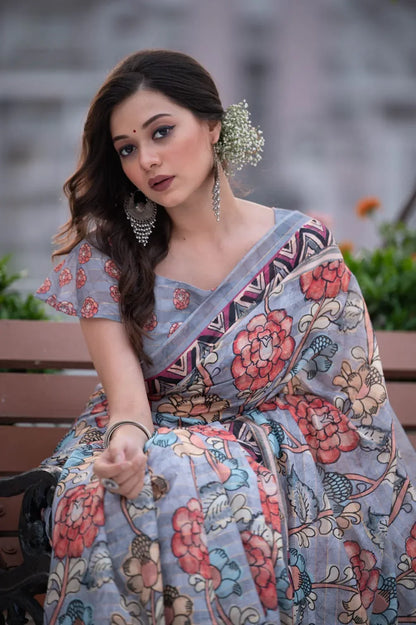 Kalamkari Print Soft Linen Cotton Saree Anant Tex Exports Private Limited