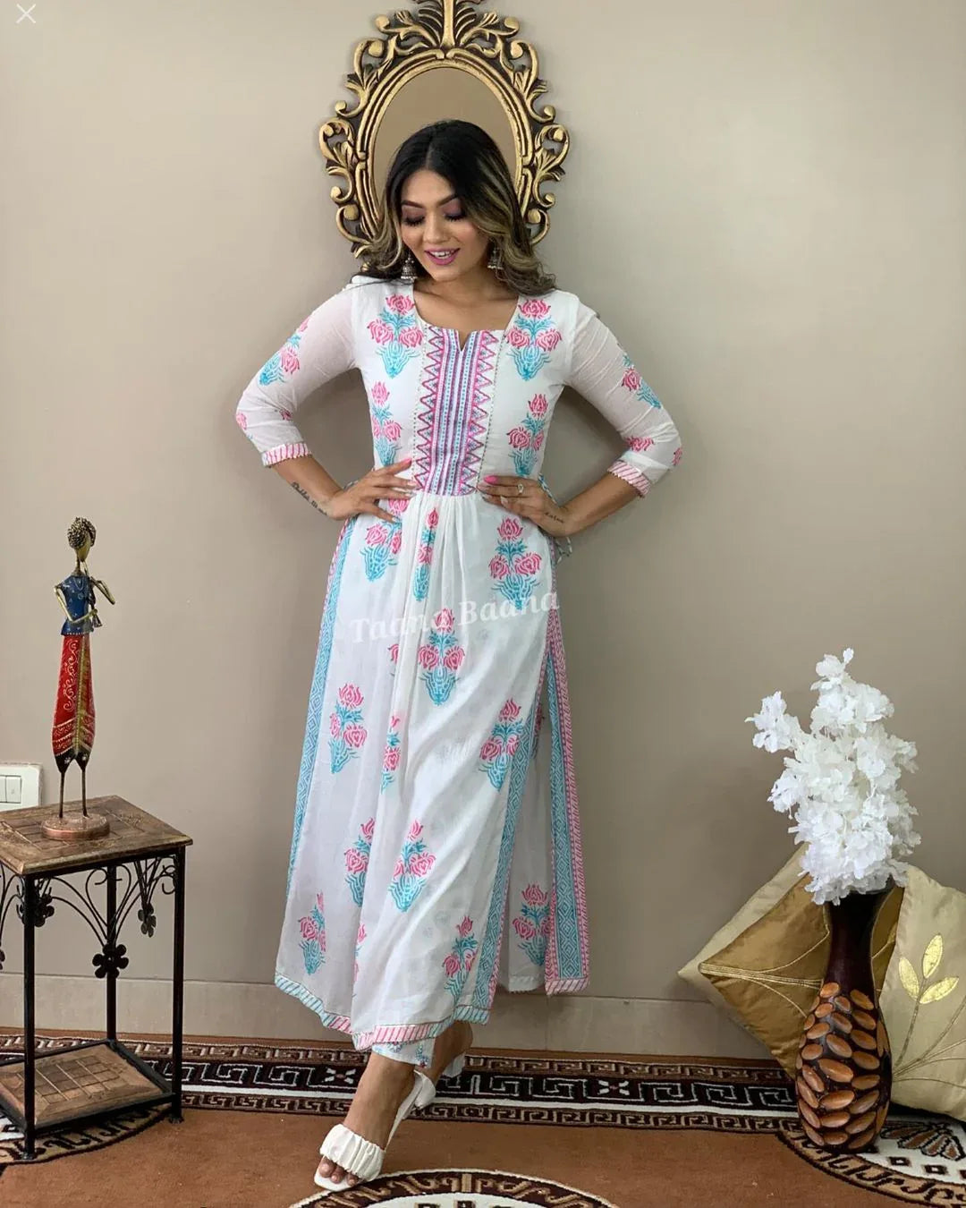 Hand Block Print Long Slit Cotton Kurti Pant Set Anant Tex Exports Private Limited