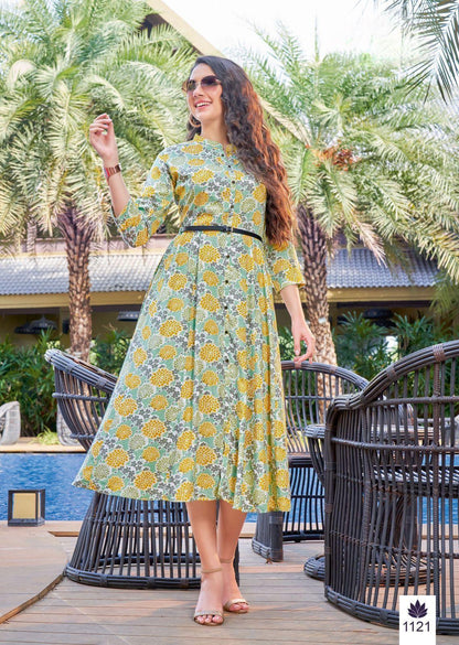Kamini -2 poly Rayon Print with Lather belt Kurti Anant Tex Exports Private Limited