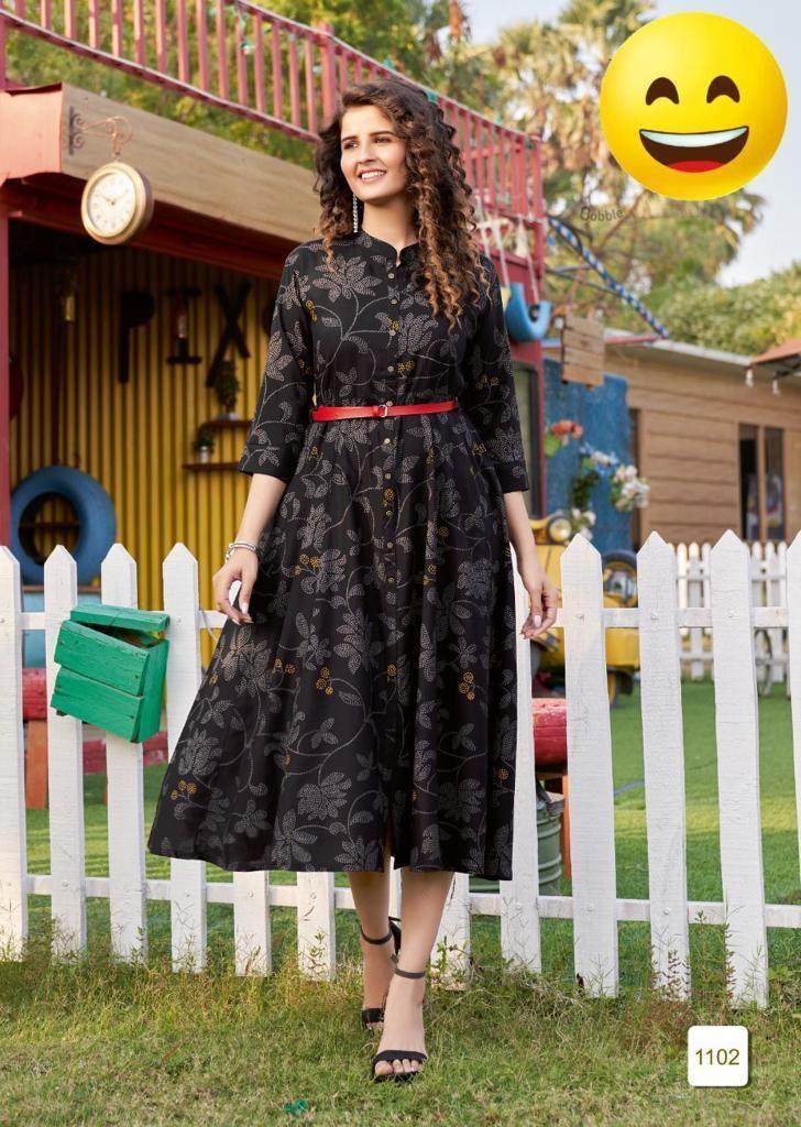 Kamini -2 poly Rayon Print with Lather belt Kurti Anant Tex Exports Private Limited