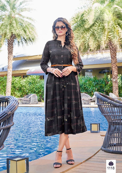 Kamini -2 poly Rayon Print with Lather belt Kurti Anant Tex Exports Private Limited