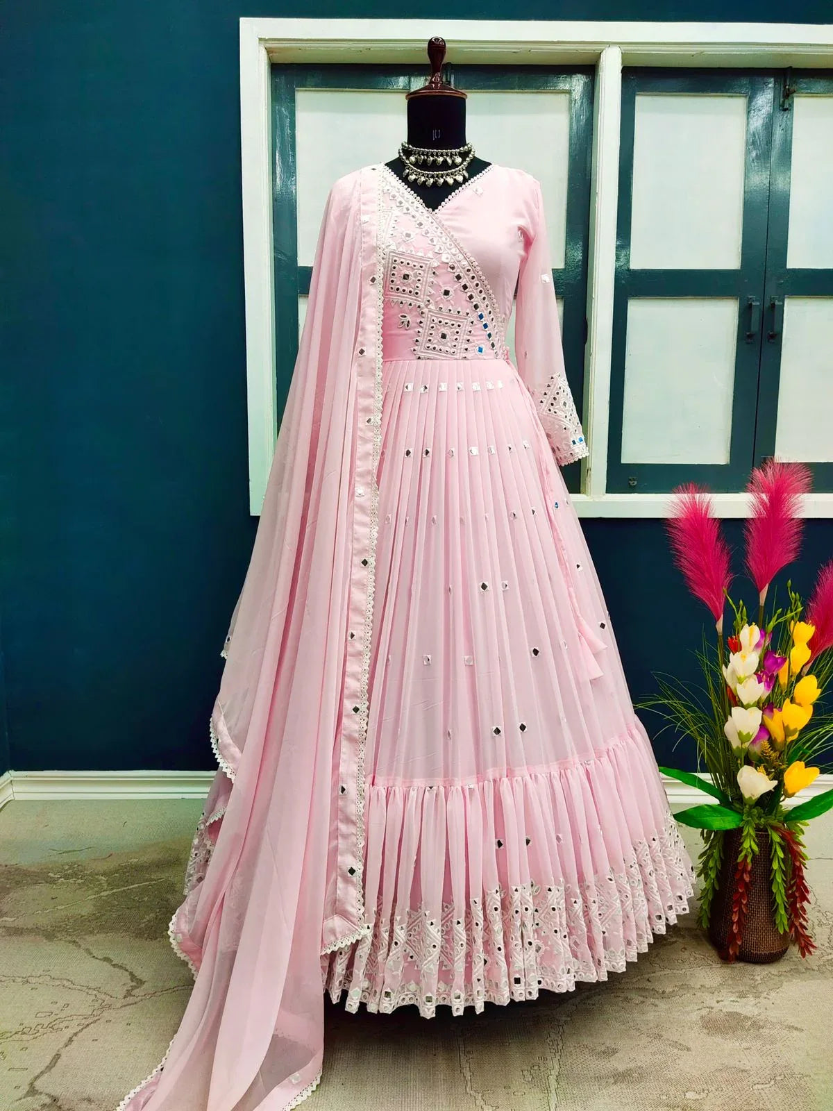Heavy Faux Georgette With Heavy Embroidery Foil Mirror Work Gown Anant Tex Exports Private Limited