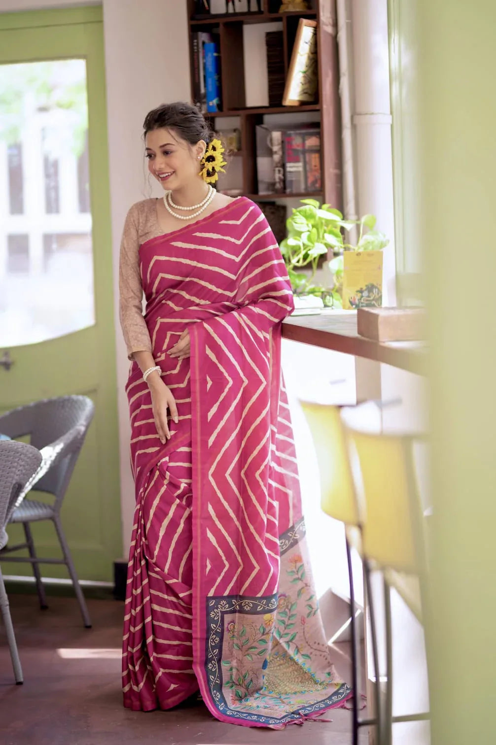LEHERIYA SAREE WITH KALAMKARI PEACOCK PALLU Anant Tex Exports Private Limited