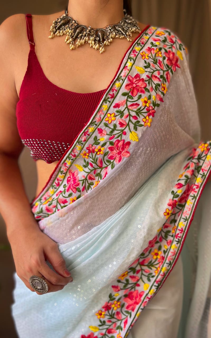 PURE GEORGETTE SAREE WITH ALL OVER 5MTR SEQUENCE WORK Anant Tex Exports Private Limited