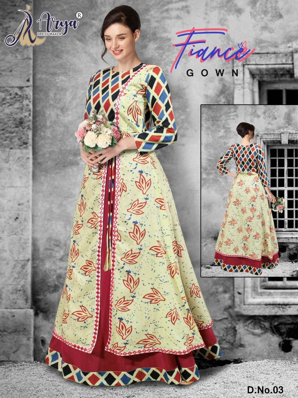 👗Multi colour printed, long gown in 28kali, heavy embroidery worked on  yoke with beautiful side tussels