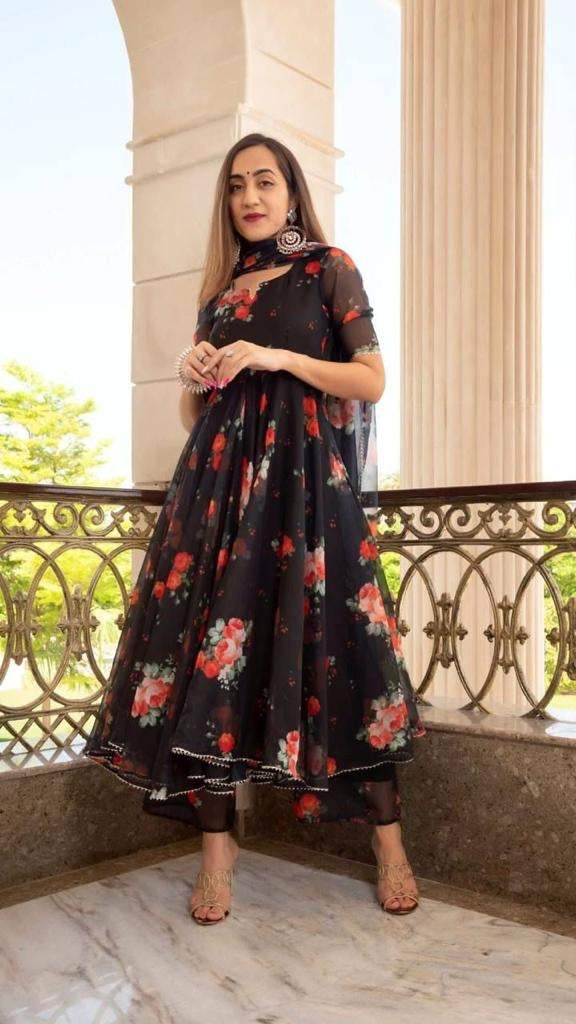 Black Rose Flower Maxi Gown With Dupatta