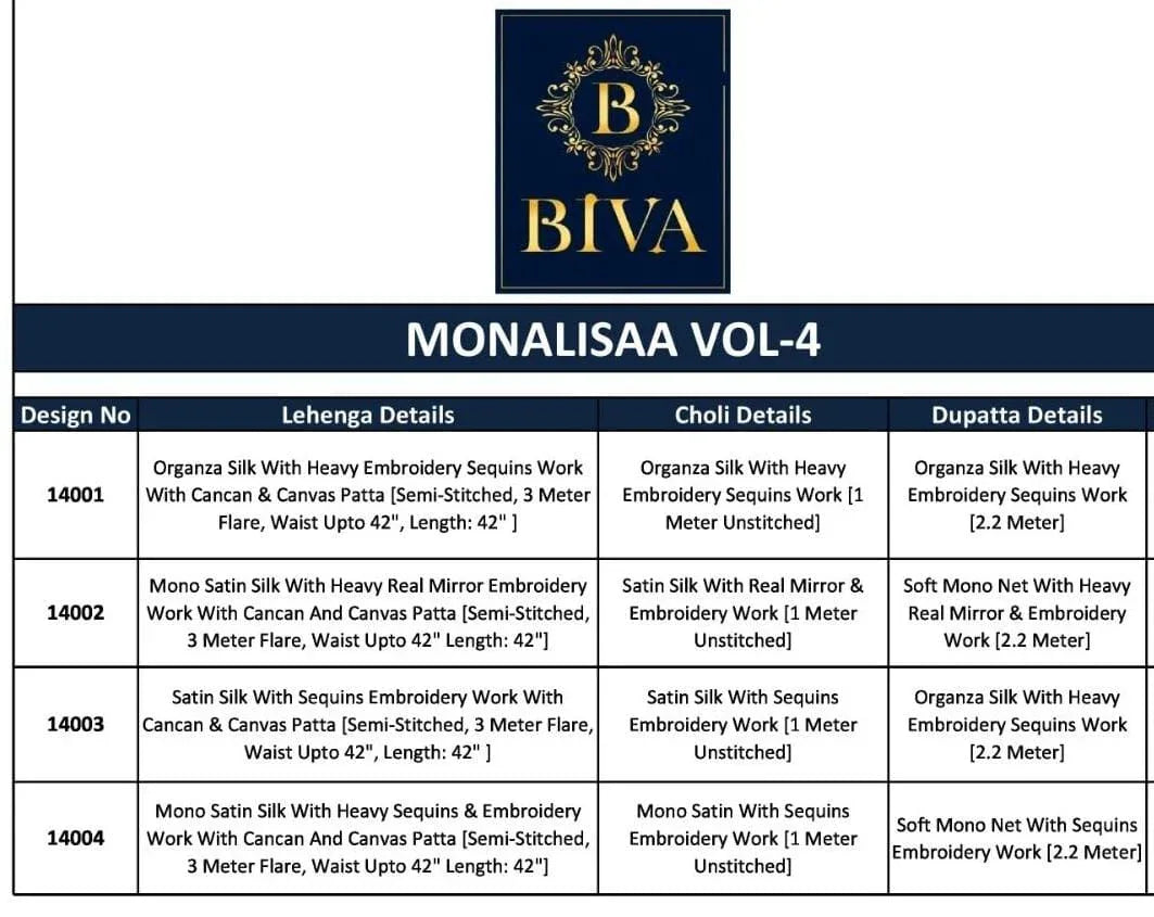BIVA-MONALISAA VOL-4 14001 To 14004 SERIES LEHENGA Anant Tex Exports Private Limited