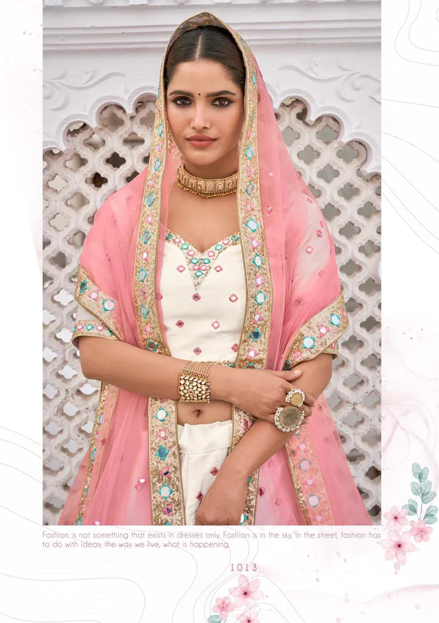 Off-white and pink mirror work bridal lehenga choli